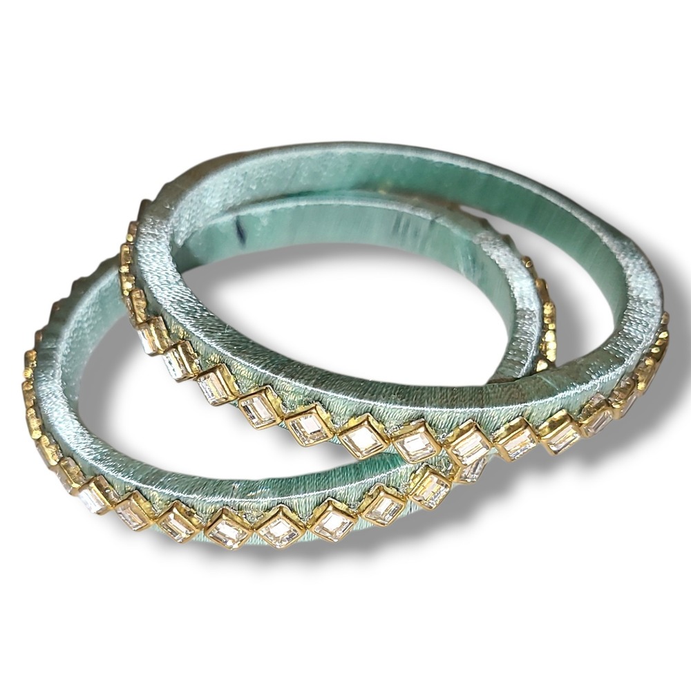 Vintage Mint Green‎ Satin Wrapped Mirror Bangle Bracelets Set Gold Tone